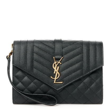 Saint Laurent Grain De Poudre Textured Mixed Matelasse Triquilt Monogram Clutch Black 1 of 8
