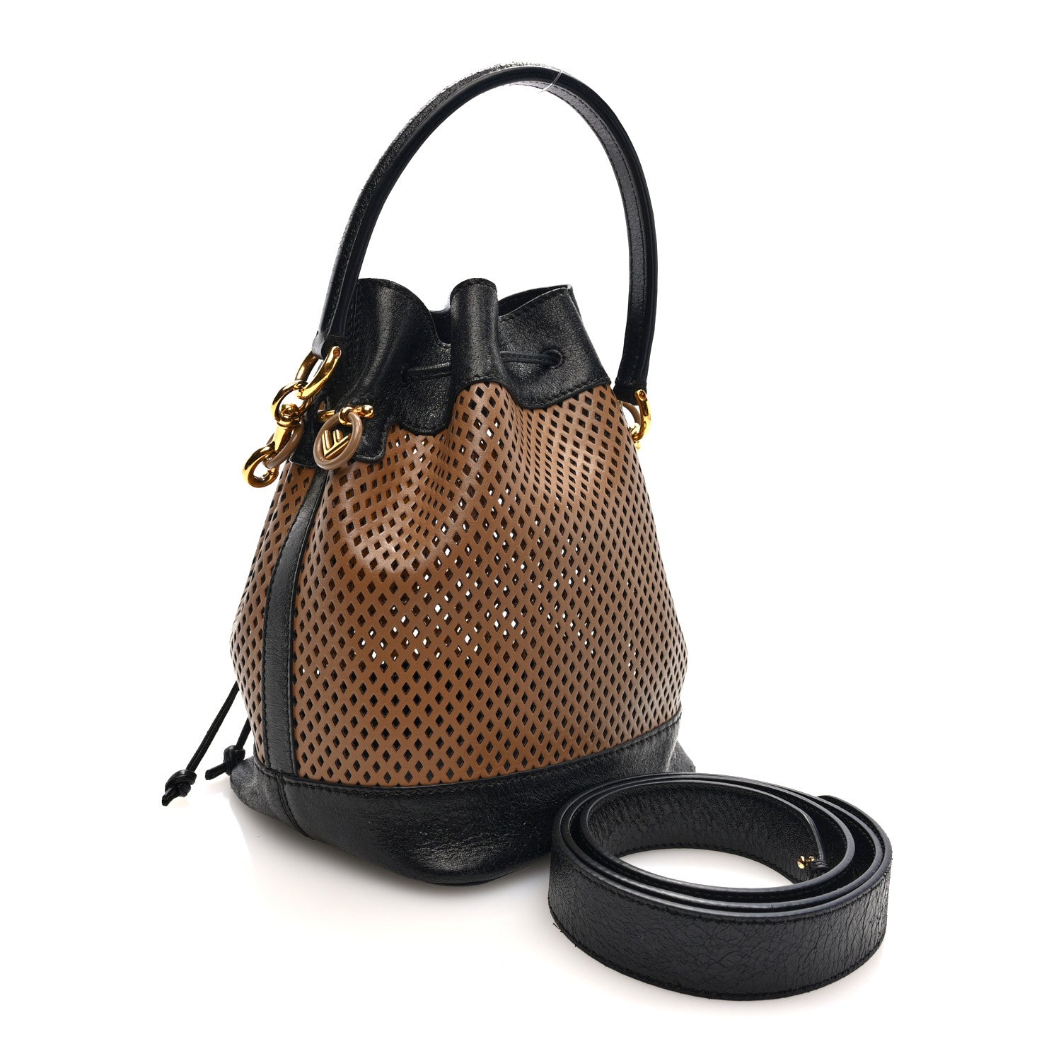 Fendi Vitello Liberty Glossy Lambskin F is Fendi Perforated Small Mon Tresor Bucket Bag Sand Mimosa Black 3 of 9