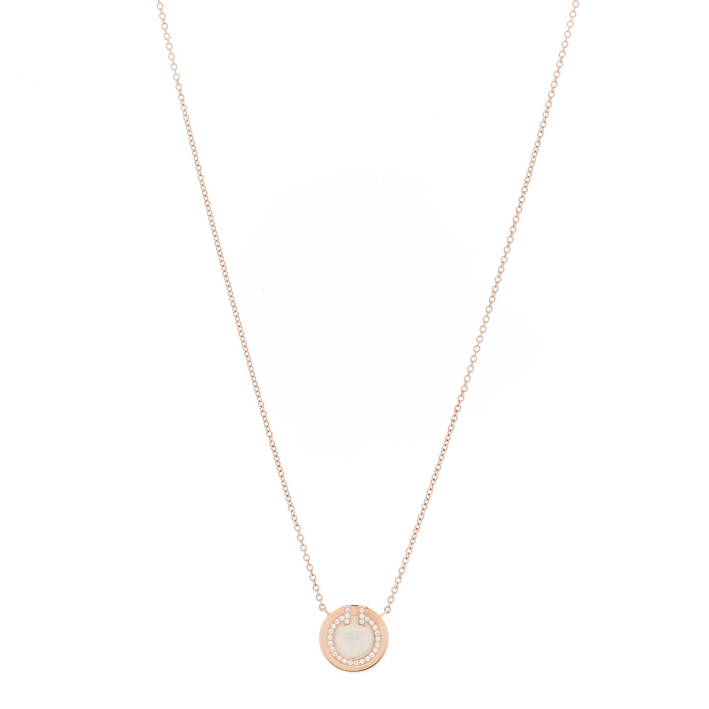 18K Rose Gold Diamond Mother of Pearl Small T Circle Pendant Necklace