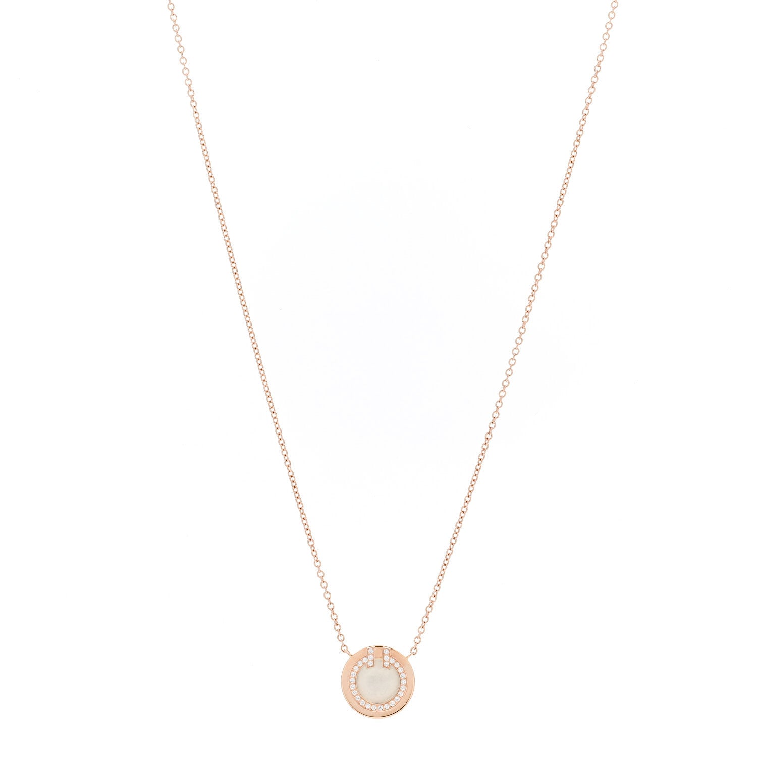 Tiffany 18K Rose Gold Diamond Mother of Pearl Small T Circle Pendant Necklace 1 of 6