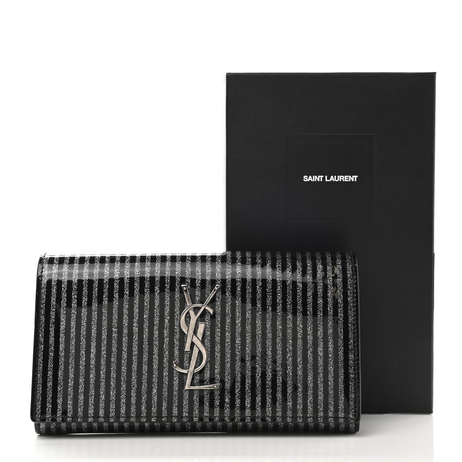 Saint Laurent Patent Glitter Striped Classic Monogram Cassandre Wallet Black Silver 8 of 8