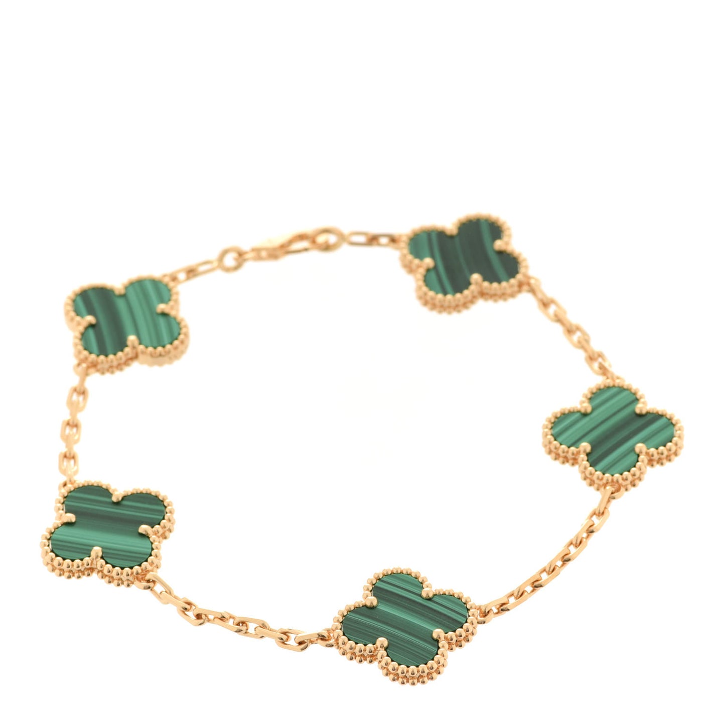 18K Yellow Gold Malachite 5 Motifs Vintage Alhambra Bracelet