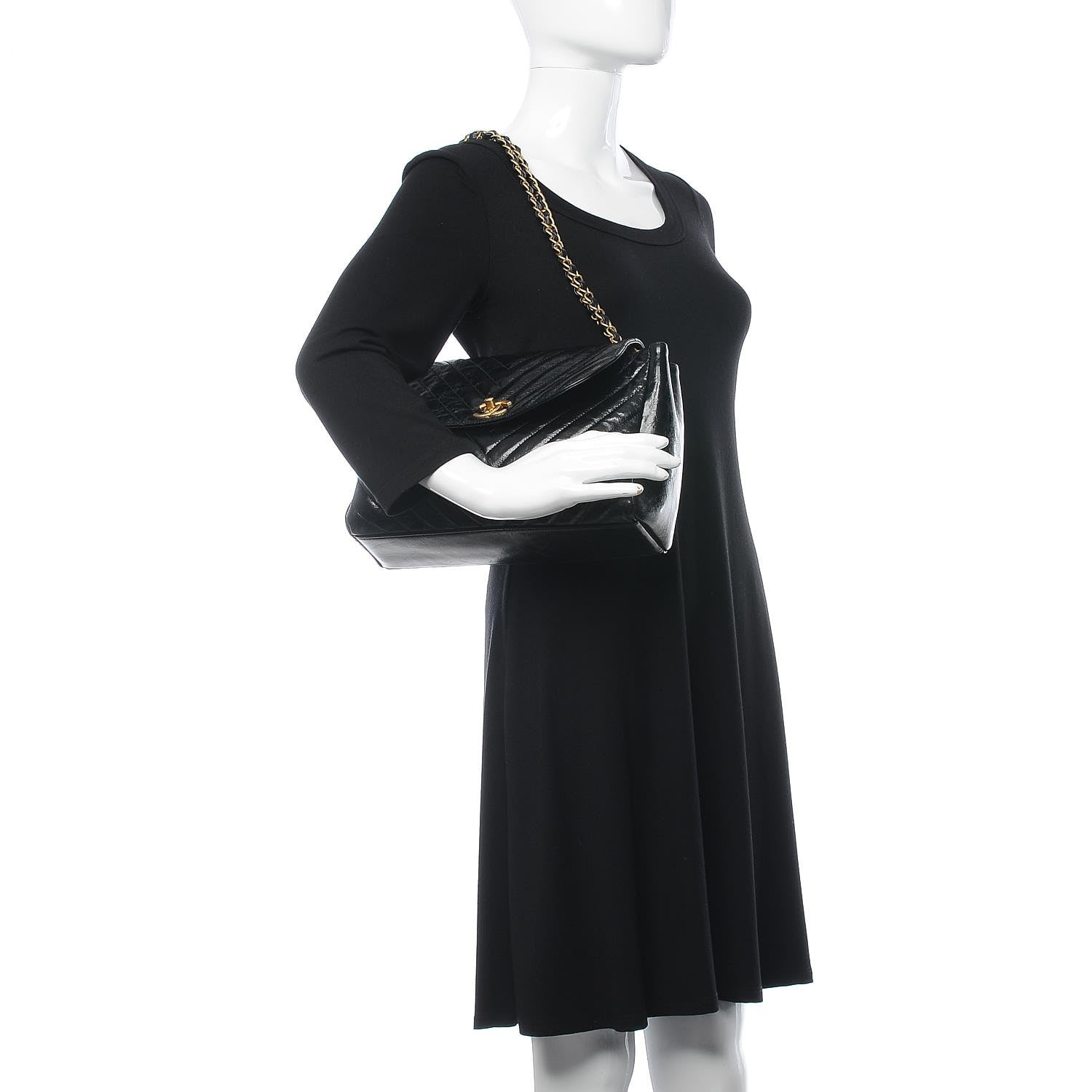 Chanel Glazed Calfskin Chevron Quilted Large Hampton Flap Black 3 of 8
