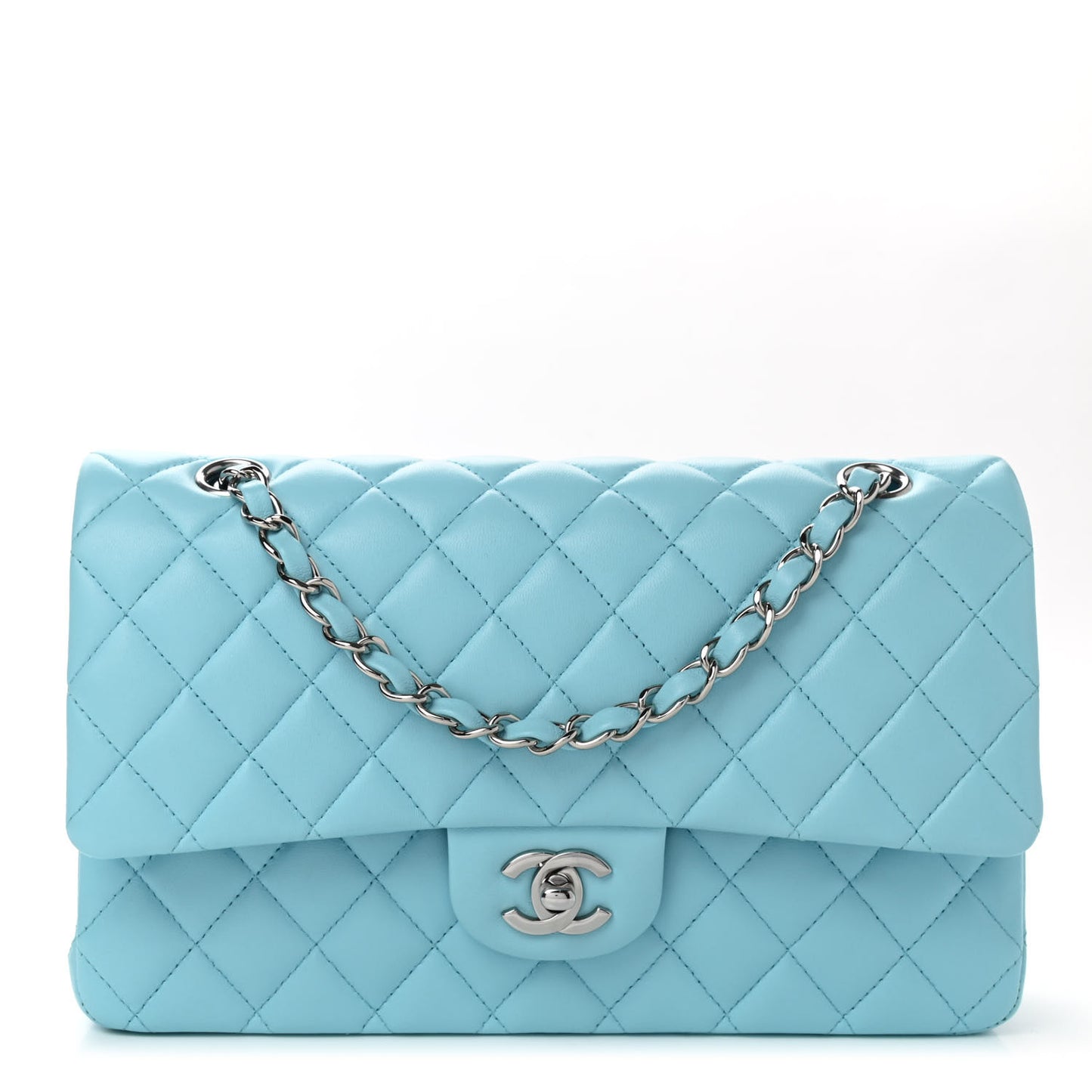 Lambskin Quilted Medium Double Flap Neon Blue