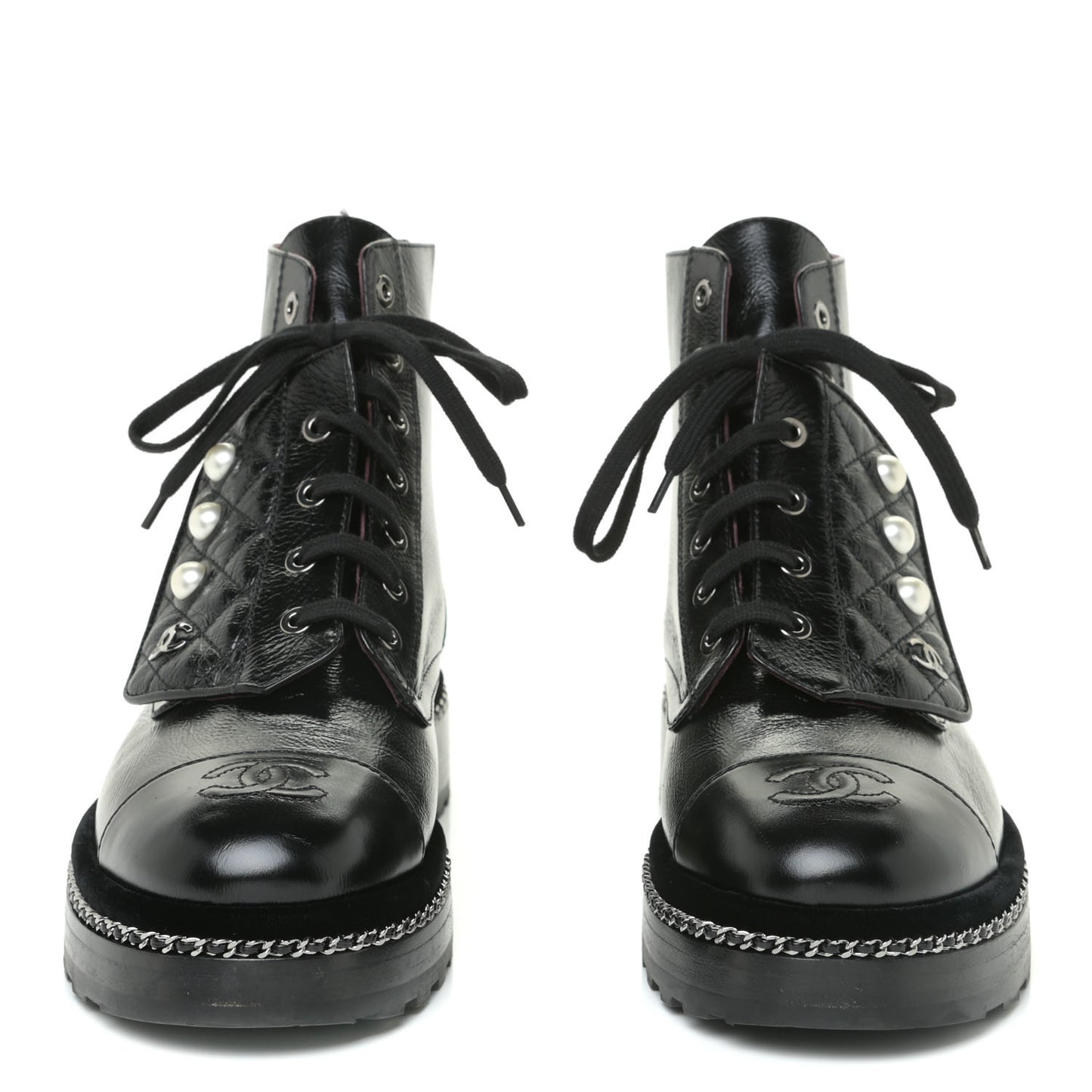 Crackled Calfskin Velvet Pearl Combat Short Boots 39 Black