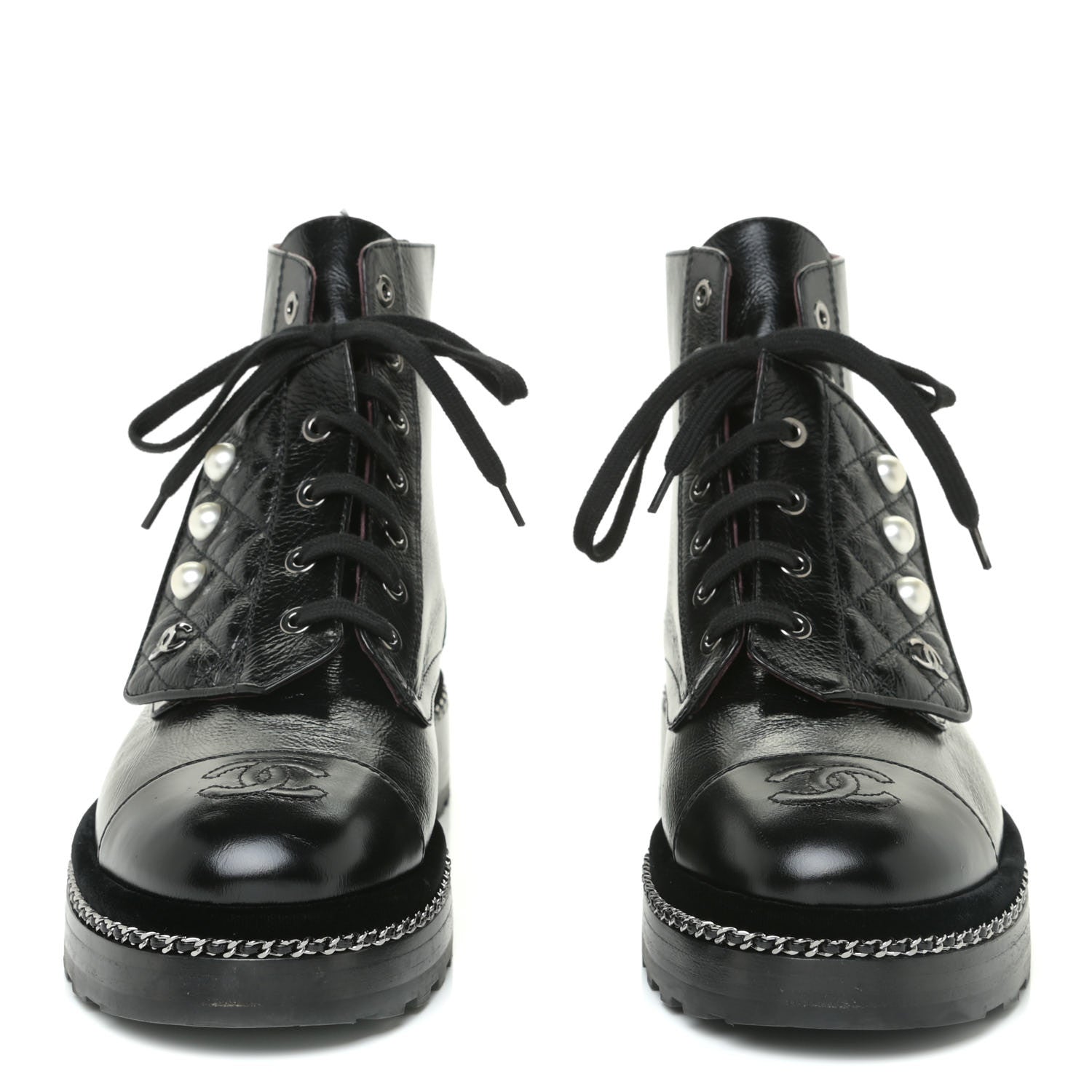 Chanel Crackled Calfskin Velvet Pearl Combat Short Boots 39 Black 2 of 19