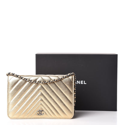 Chanel Metallic Lambskin Chevron Quilted Wallet On Chain WOC Gold 14 of 14