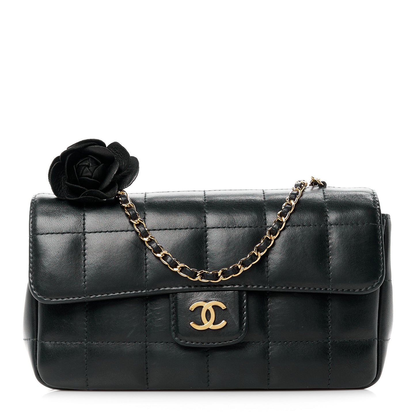 Lambskin Quilted Mini Chocolate Bar Camellia Flap Black