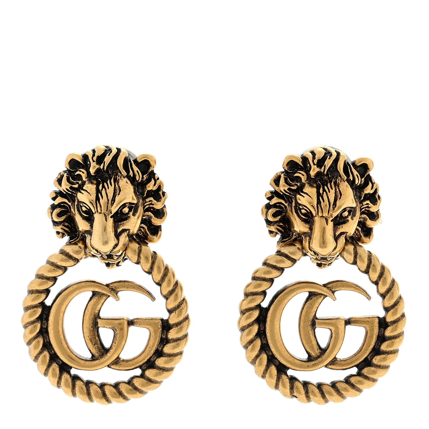 Metal Double G Lion Head Clip On Earrings Aged Gold