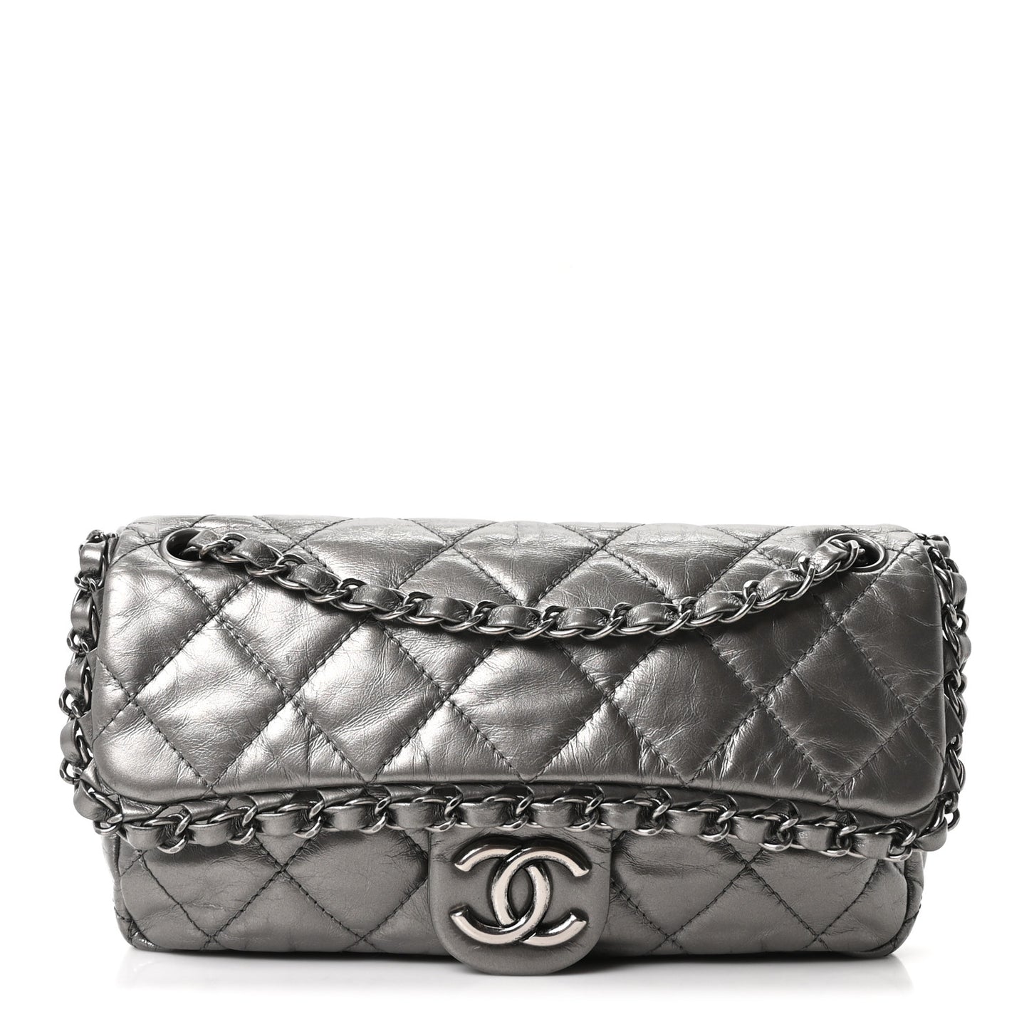 Metallic Calfskin Quilted Medium Chain Me Flap Grey