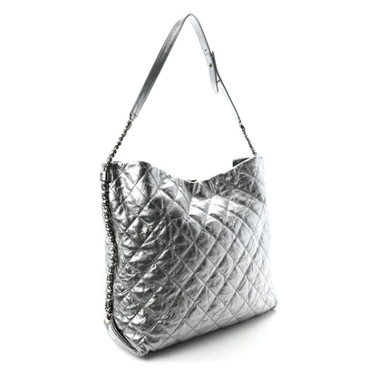 Chanel Metallic Crackled Calfskin Quilted Large Big Bang Hobo Silver 3 of 10