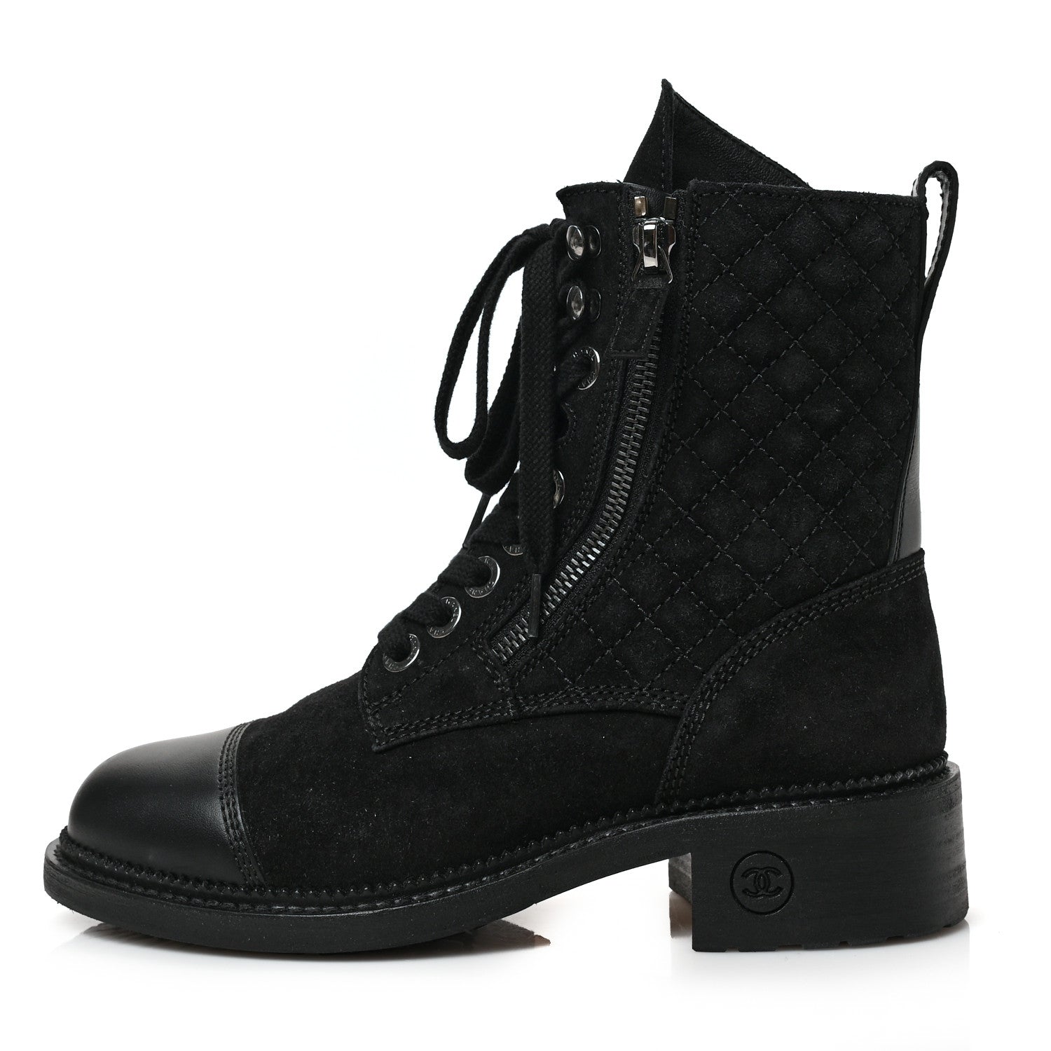 Chanel Suede Quilted CC Lace Up Combat Boots 36 Black 1 of 8