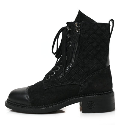 Chanel Suede Quilted CC Lace Up Combat Boots 36 Black 1 of 8