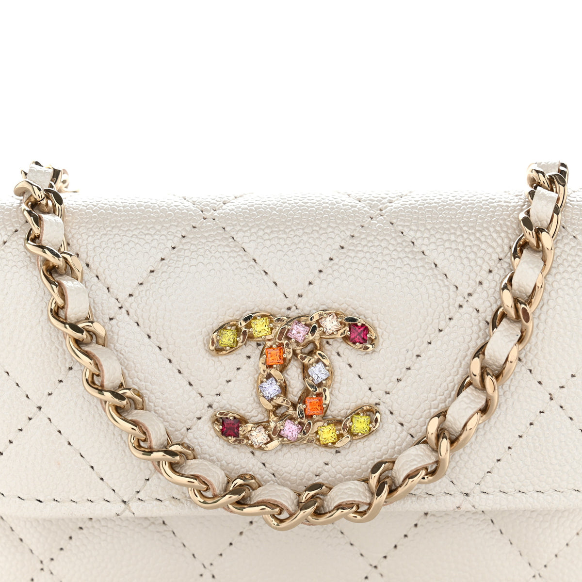 Chanel Iridescent Caviar Quilted Crystal CC Card Holder With Chain White Multicolor 9 of 11