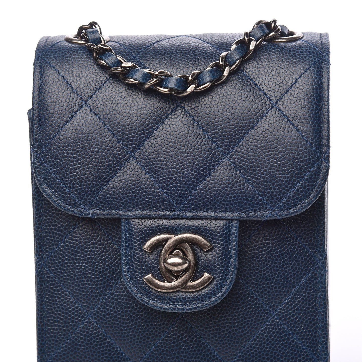 Caviar Quilted Extra Mini Wallet On Chain WOC Blue