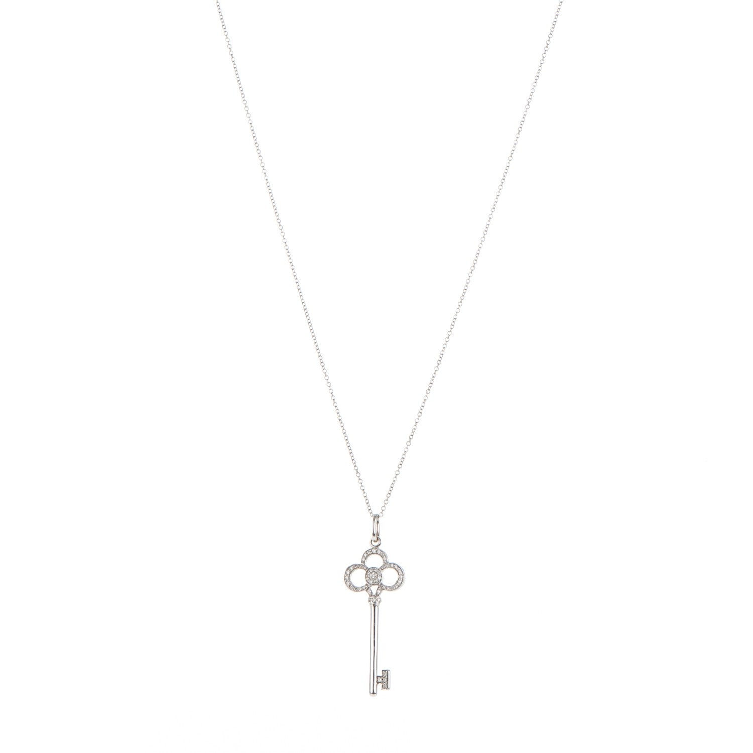 Tiffany 18K White Gold Diamond Crown Key Pendant Necklace 1 of 7