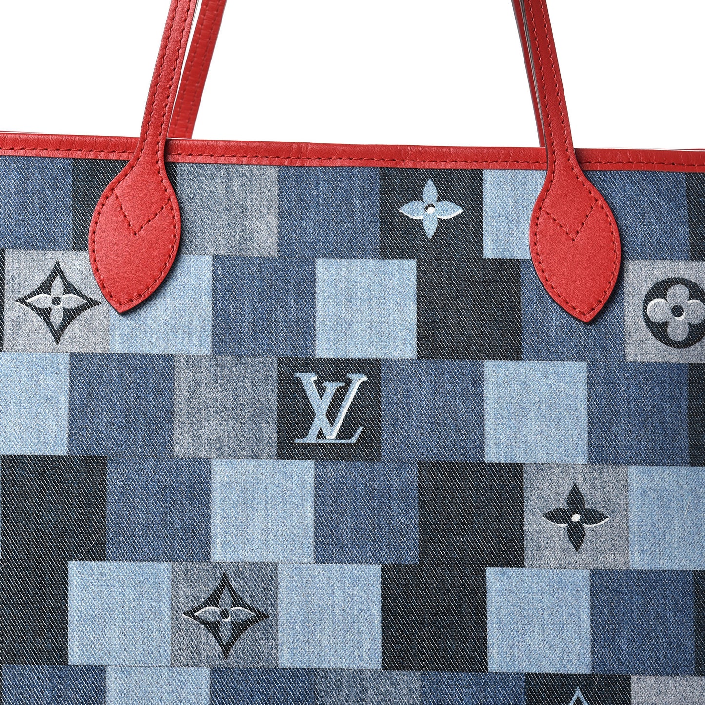 Denim Damier Monogram Patchwork Neverfull Blue Rouge