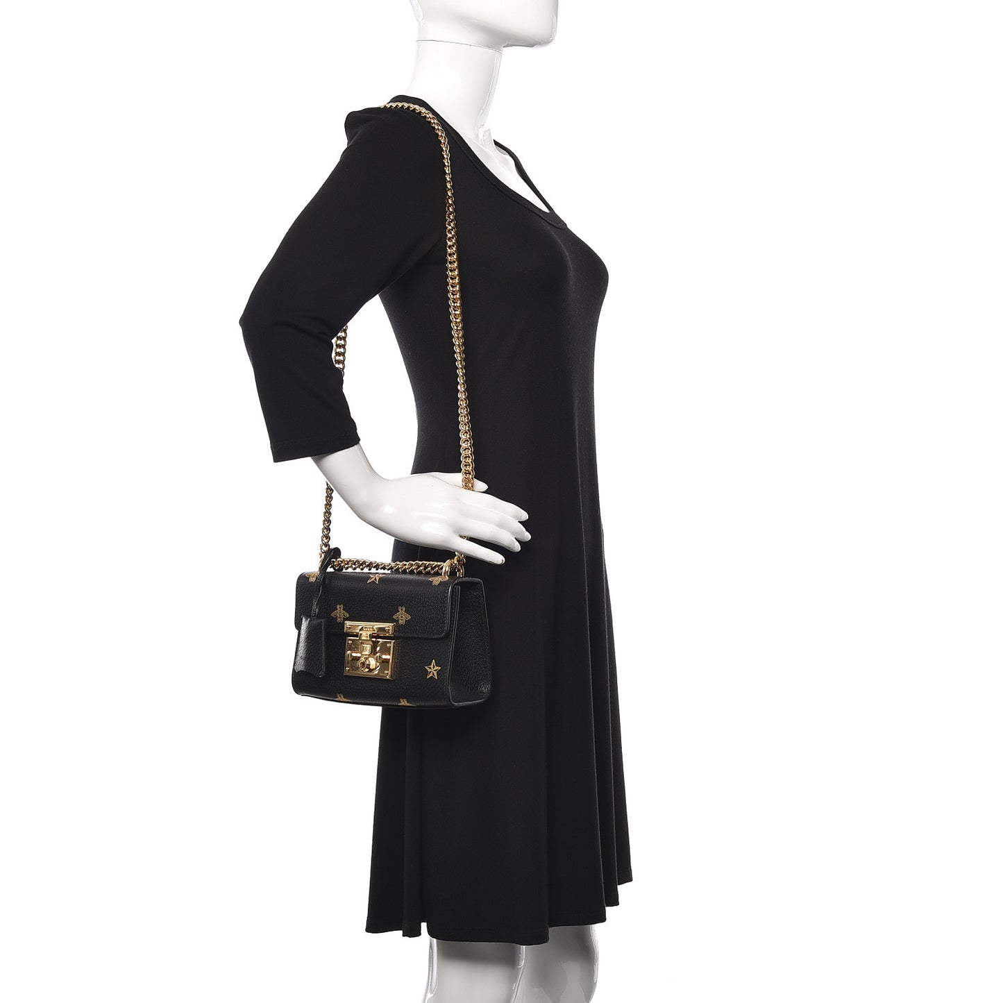 Grained Calfskin Bee Star Small Padlock Shoulder Bag Black