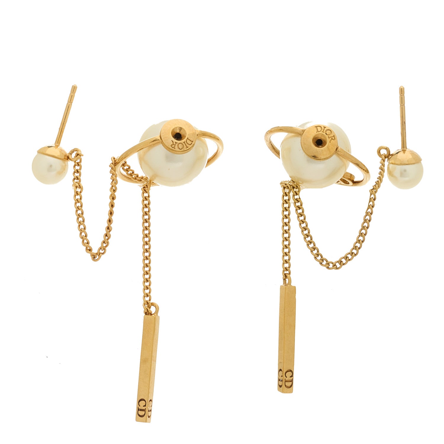 Christian Dior Pearl Tribales Dangle Chain Earrings Gold 4 of 4