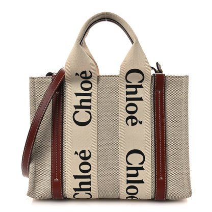 Chloe Cotton Calfskin Small Woody Ribbon Tote With Strap White Brown 1 of 10