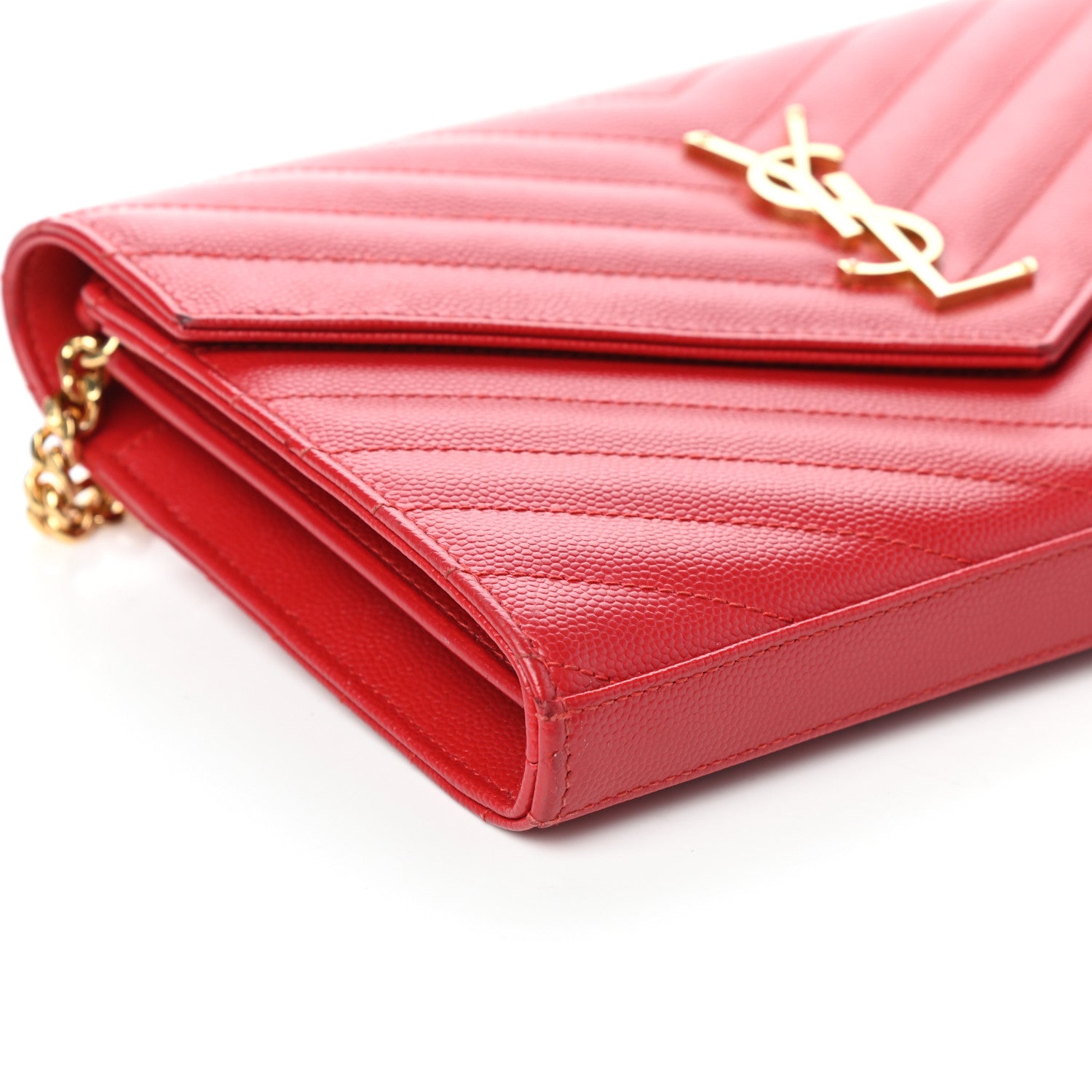 Saint Laurent Grain De Poudre Matelasse Chevron Monogram Chain Wallet Red 8 of 9