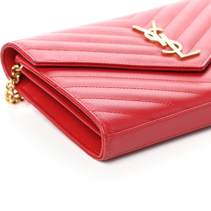 Saint Laurent Grain De Poudre Matelasse Chevron Monogram Chain Wallet Red 8 of 9