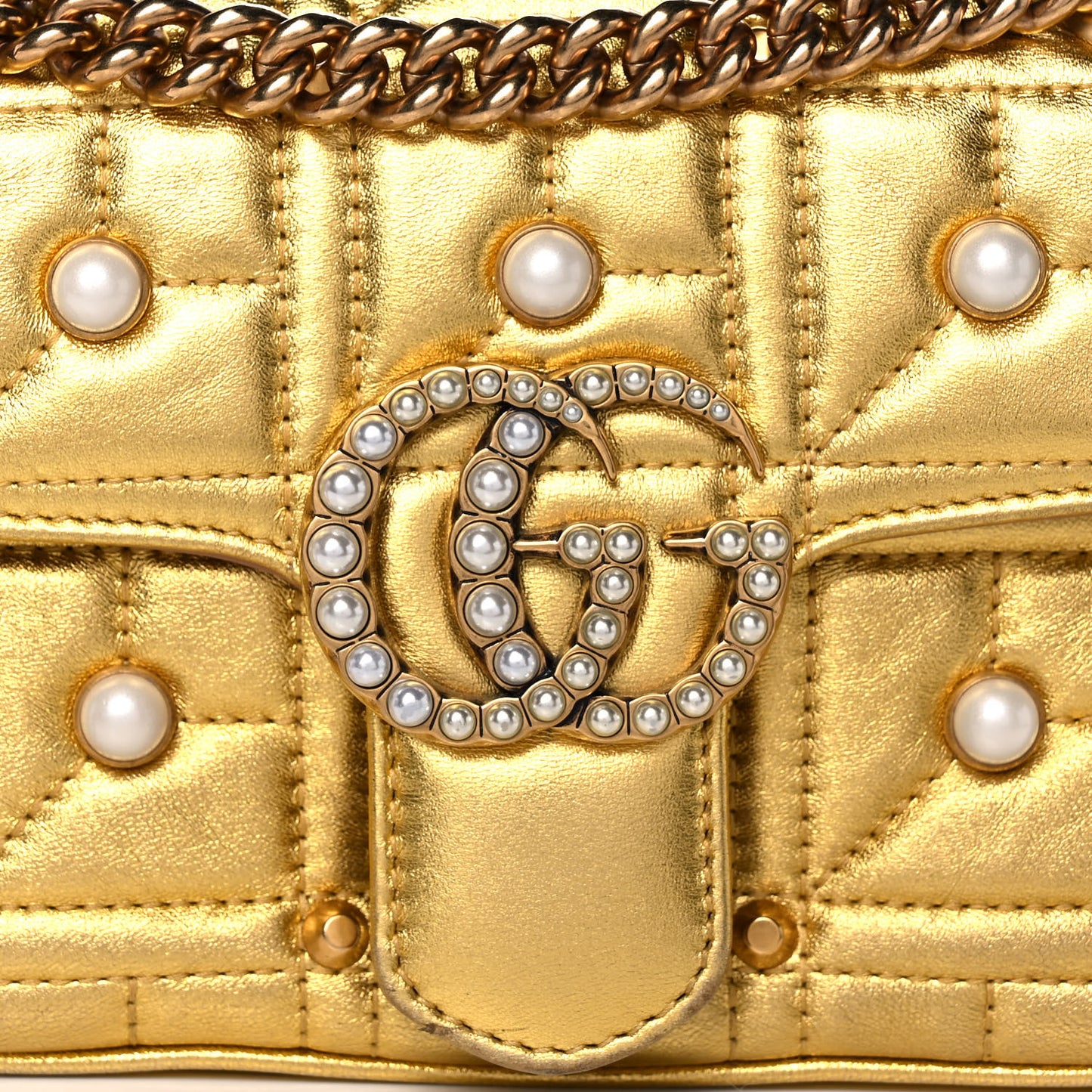 Metallic Calfskin Matelasse Studded Mini Pearly GG Marmont Shoulder Bag Gold