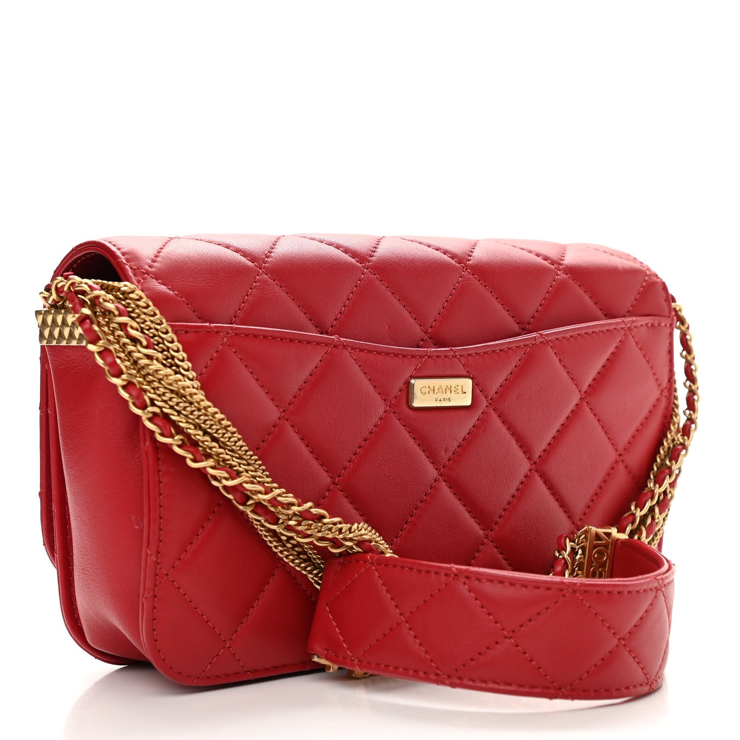 Lambskin Quilted Multiple Chain Flap Red