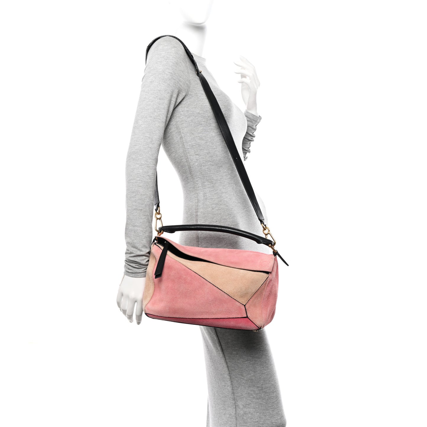 Calfskin Suede Medium Puzzle Bag Pink Black Multicolor