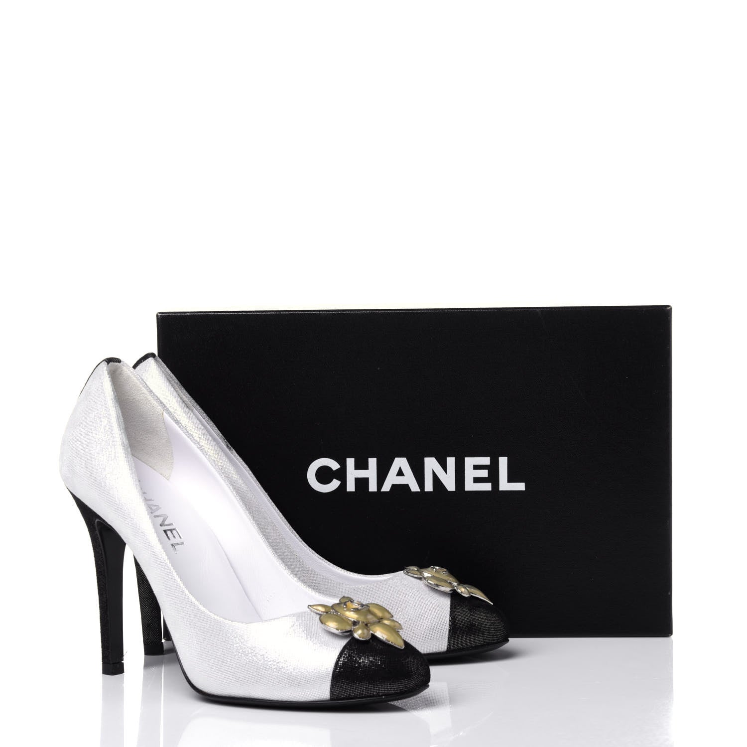 Chanel Metallic Fabric Jewel Cap Toe Pumps 39.5 Silver Black 12 of 12