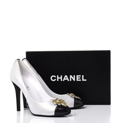 Chanel Metallic Fabric Jewel Cap Toe Pumps 39.5 Silver Black 12 of 12