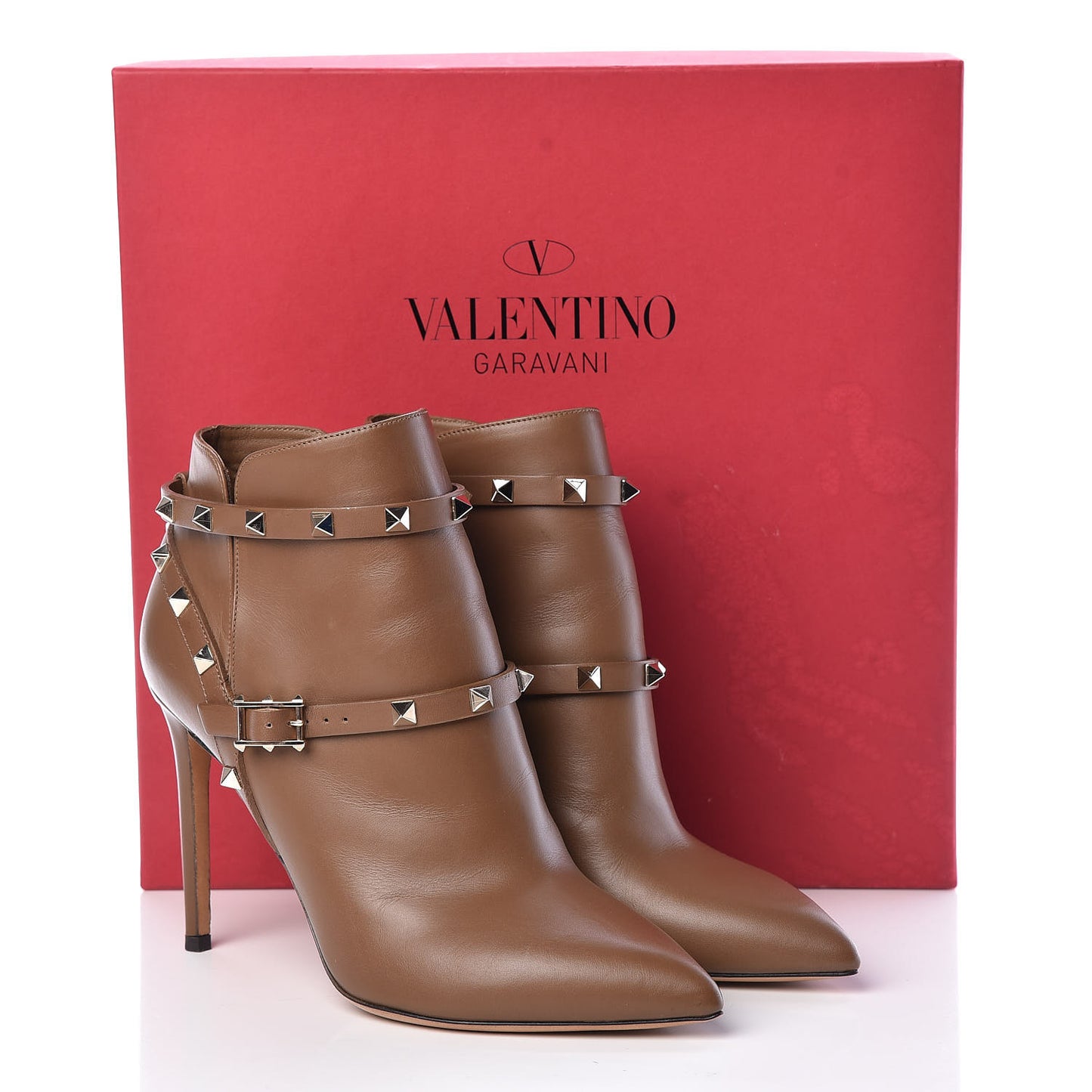 Calfskin Rockstud Double Buckle 100mm Ankle Boots 38.5 Nocciola