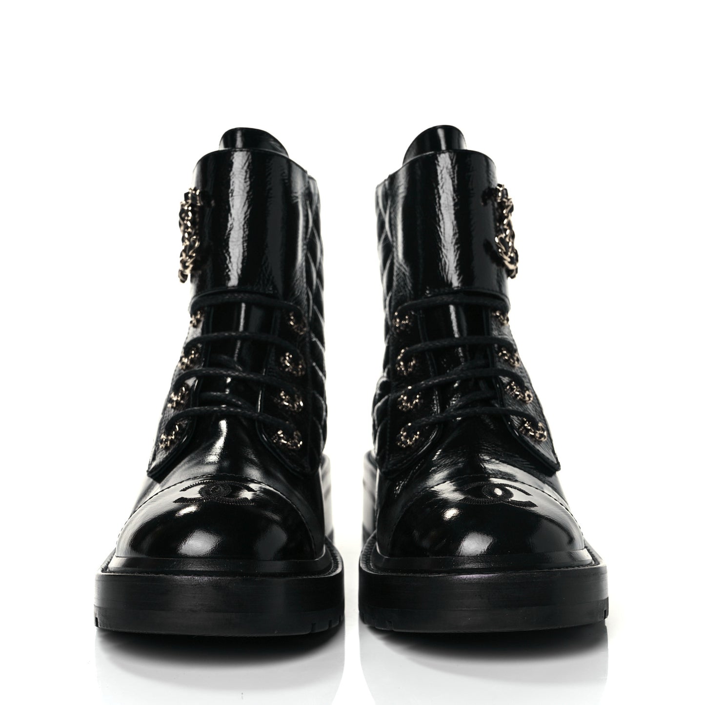 Shiny Calfskin Quilted Lace Up Combat Boots 38.5 Black