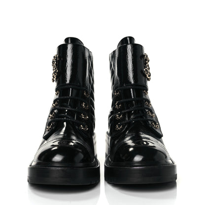 Chanel Shiny Calfskin Quilted Lace Up Combat Boots 38.5 Black 2 of 9
