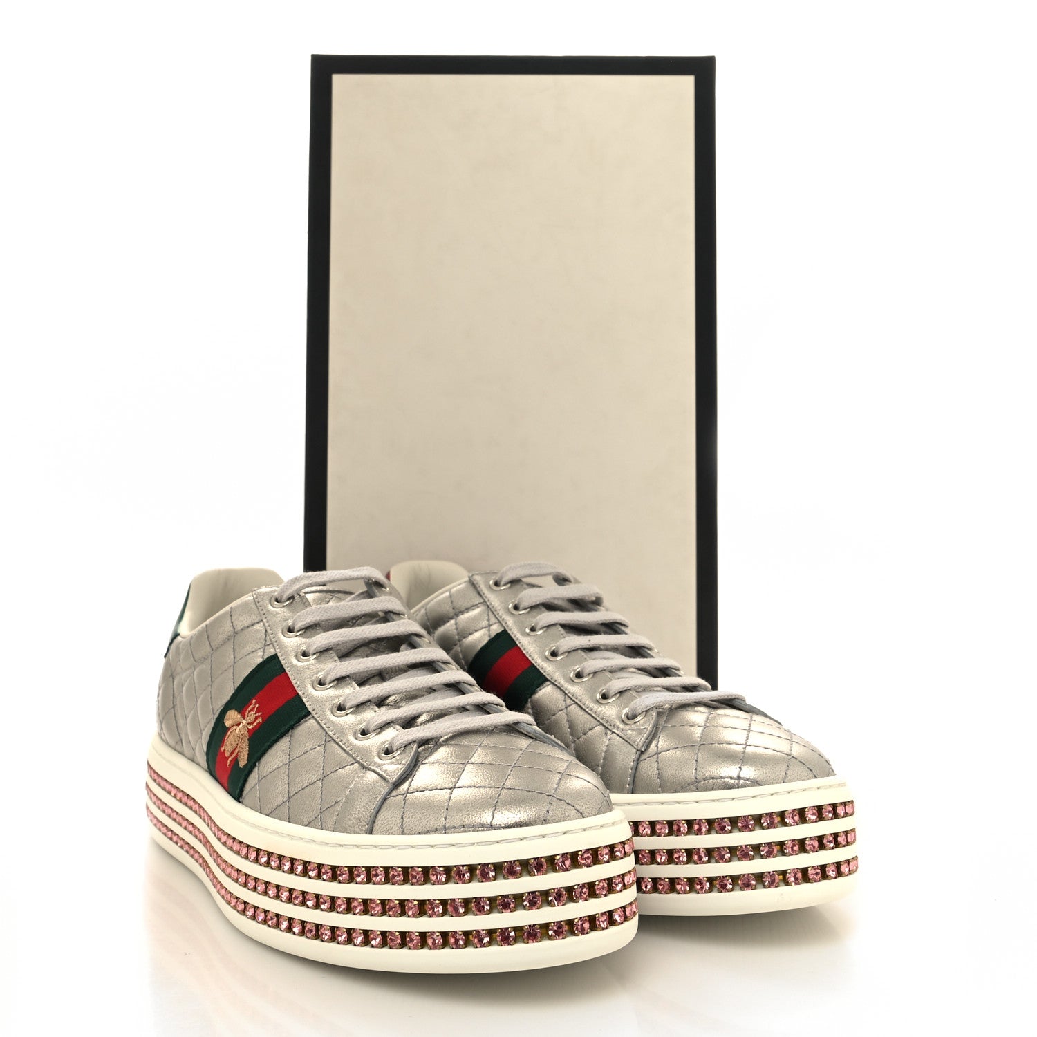 Gucci Laminated Nappa Crystal Web Bee Embroidered Trapuntata Womens Ace Platform Sneakers 41 Argento 8 of 8
