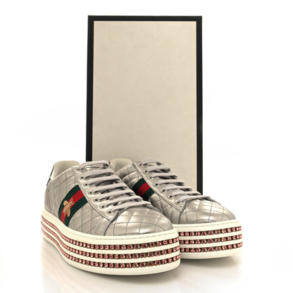Gucci Laminated Nappa Crystal Web Bee Embroidered Trapuntata Womens Ace Platform Sneakers 41 Argento 8 of 8