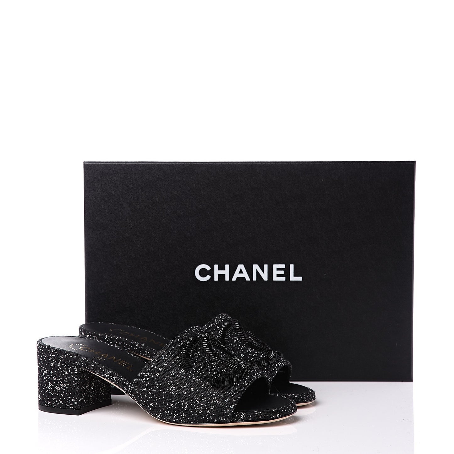 Tweed CC Mules 36 Black White