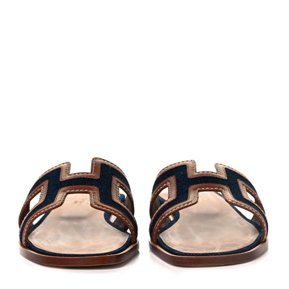 Hermes Calfskin Denim Oran Sandals 38 Bleu Brut Gold 2 of 9