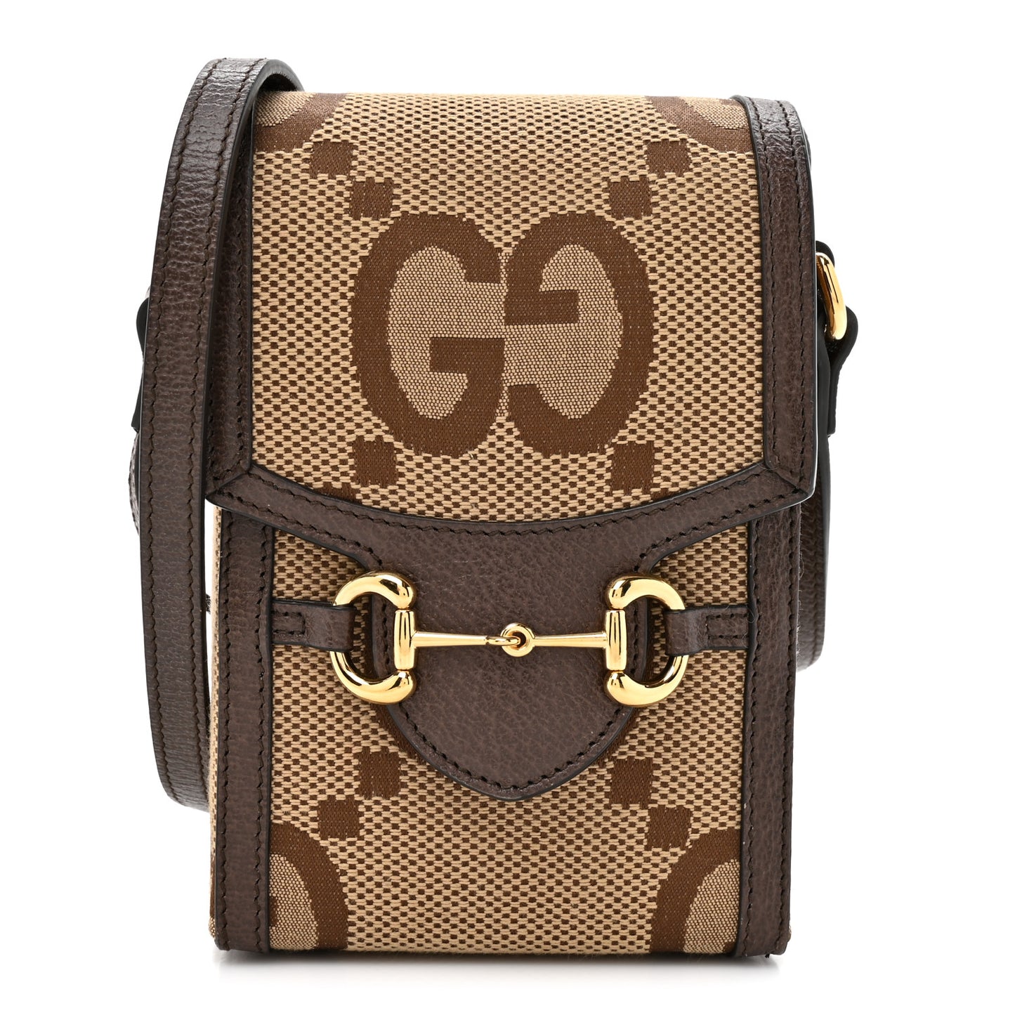 Monogram Jumbo GG Textured Dollar Calfskin Mini Horsebit 1955 Crossbody Bag Camel Ebony New Acero