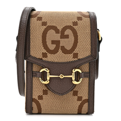 Gucci Monogram Jumbo GG Textured Dollar Calfskin Mini Horsebit 1955 Crossbody Bag Camel Ebony New Acero 1 of 12