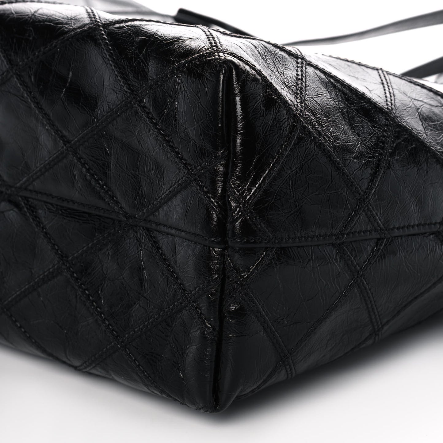 Crinkled Calfskin Quilted East West Shopping Tote Black