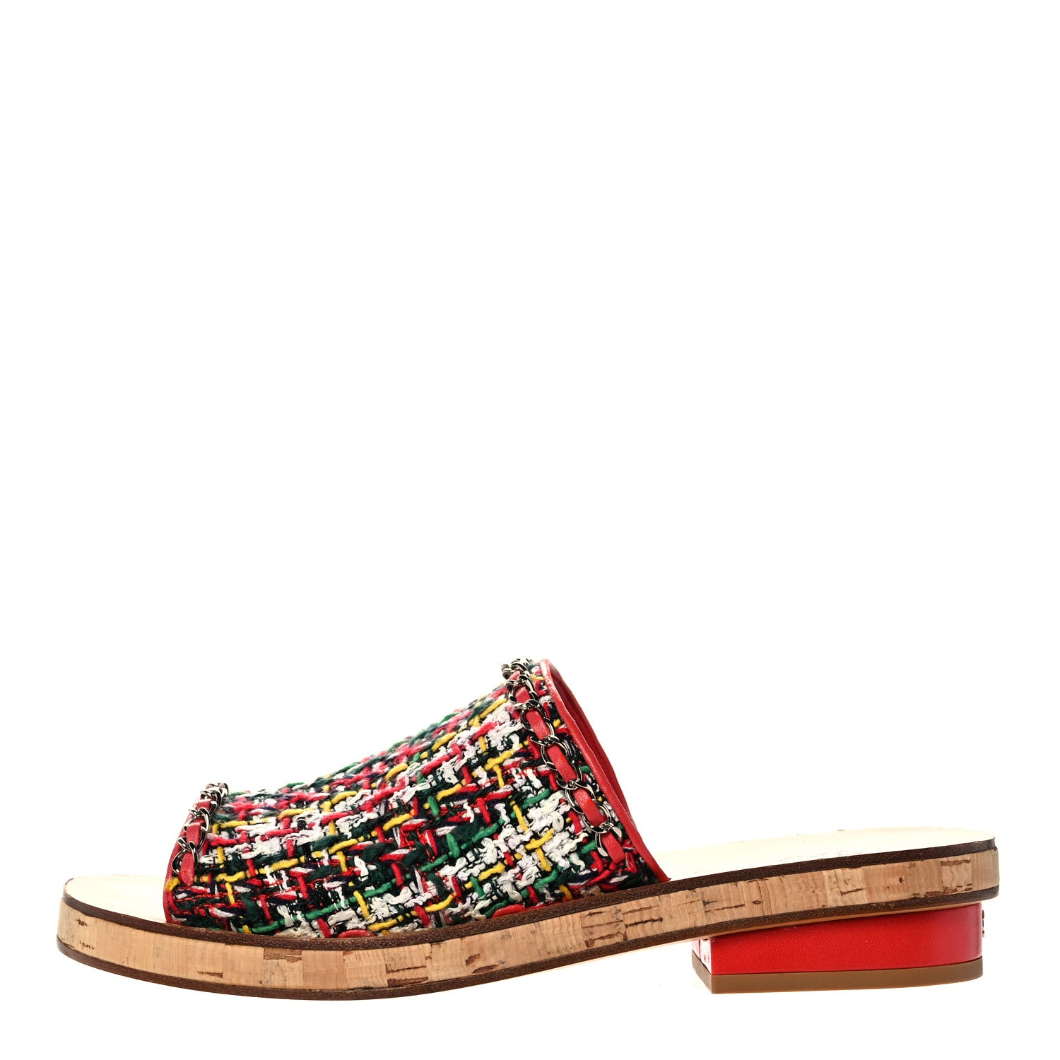 Chanel Cork Tweed Chain Mule Slides 38 Red 1 of 8