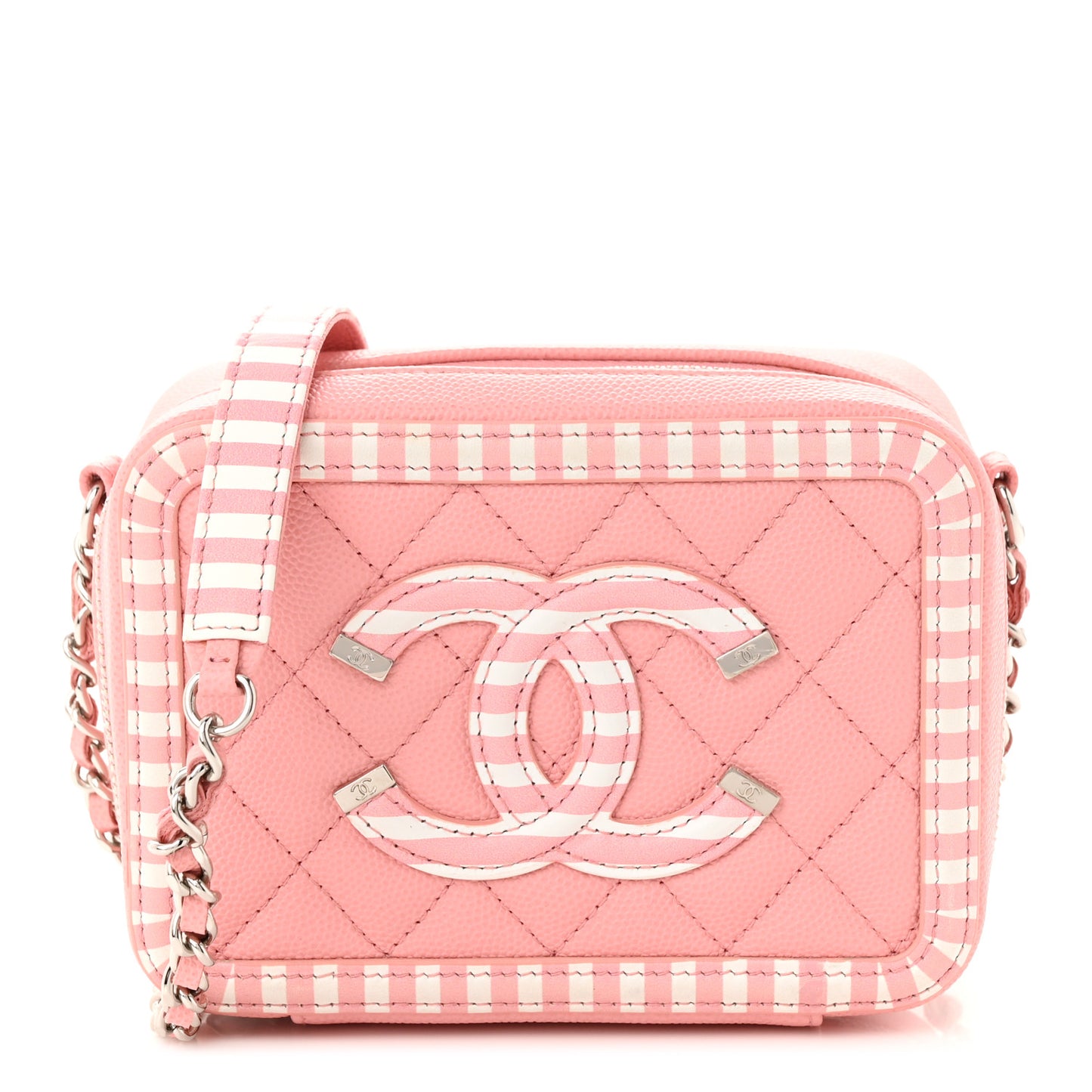 Caviar Quilted Striped CC Filigree Clutch With Chain Pink White