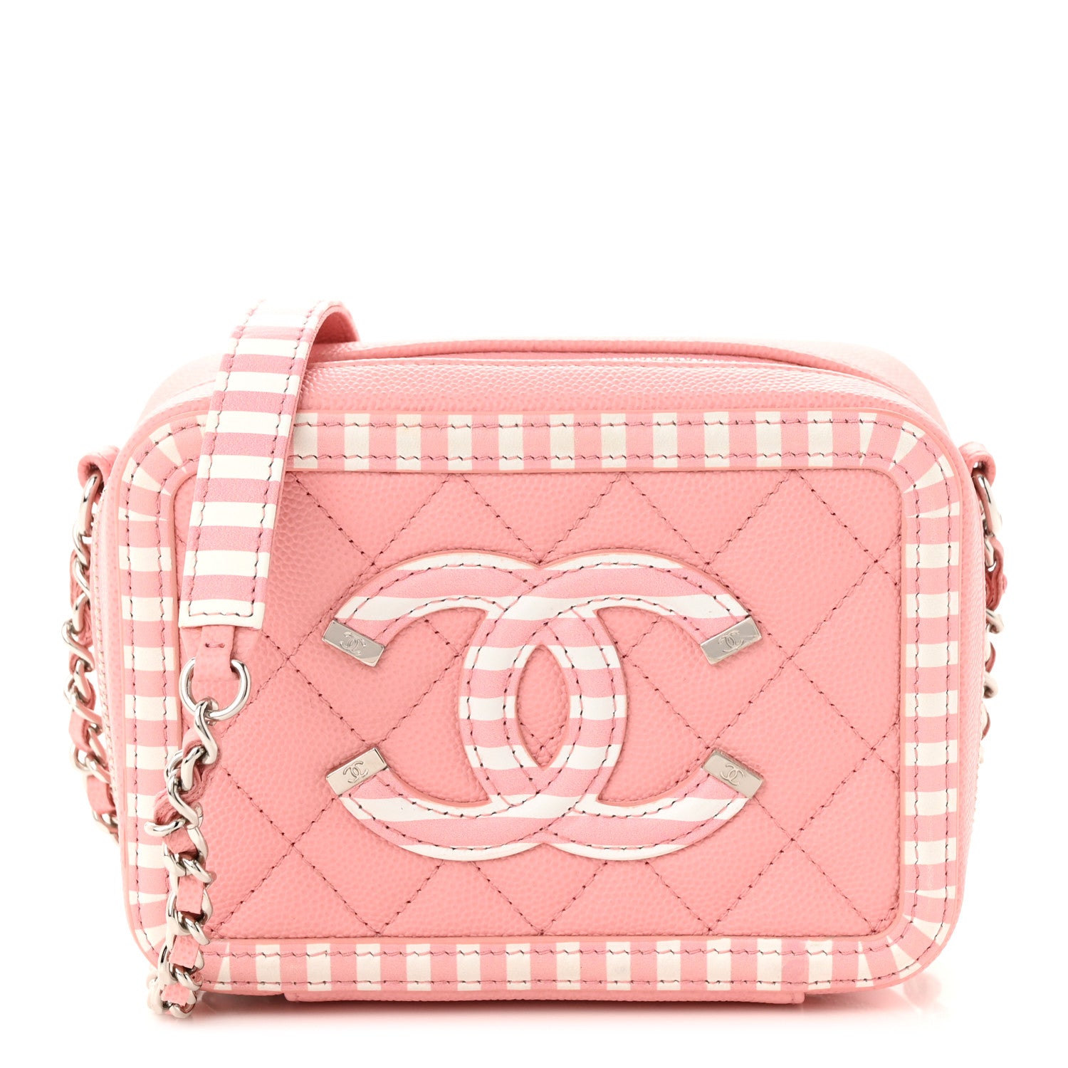 Chanel Caviar Quilted Striped CC Filigree Clutch With Chain Pink White 1 of 11