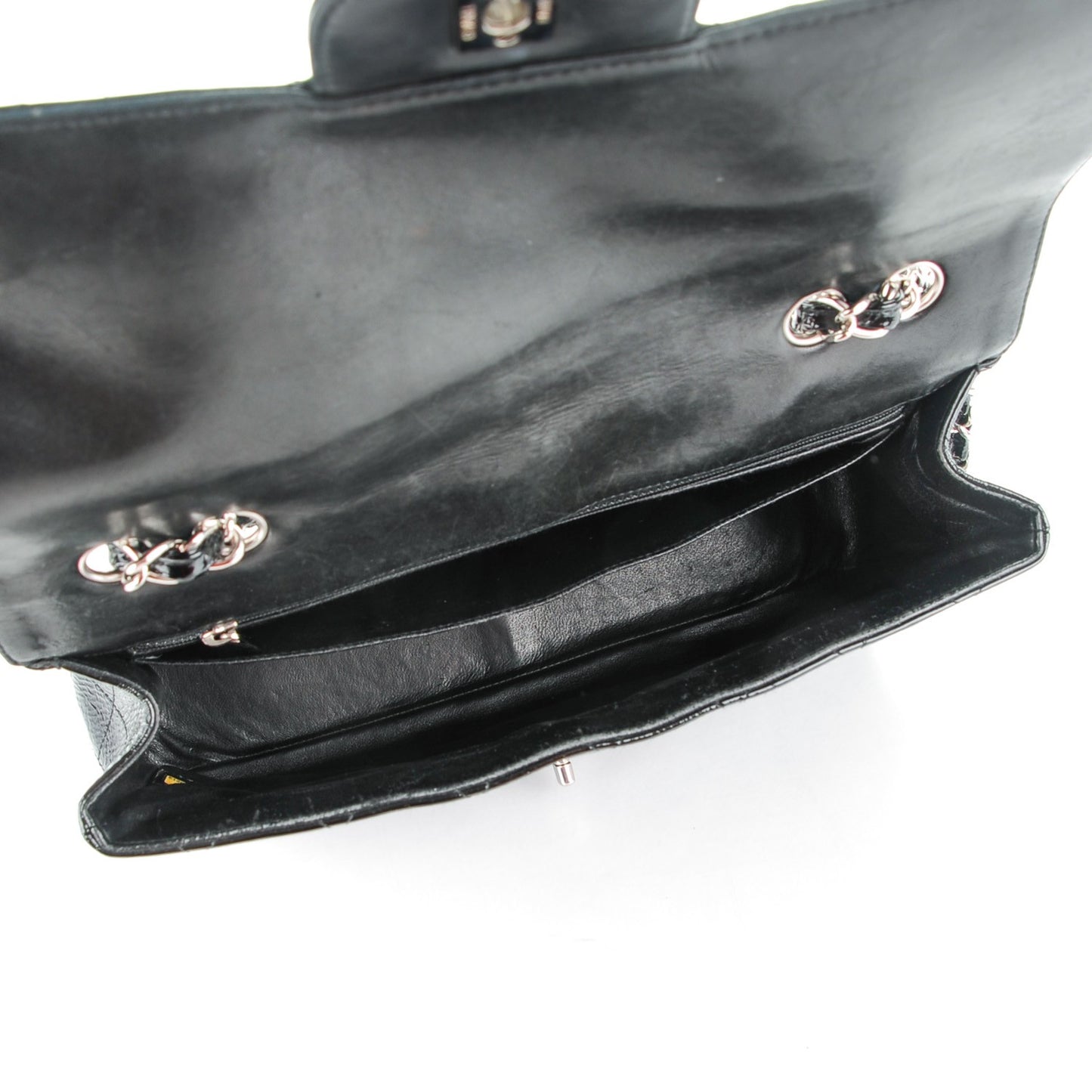 Distressed Patent Quilted Jumbo Single Flap Black