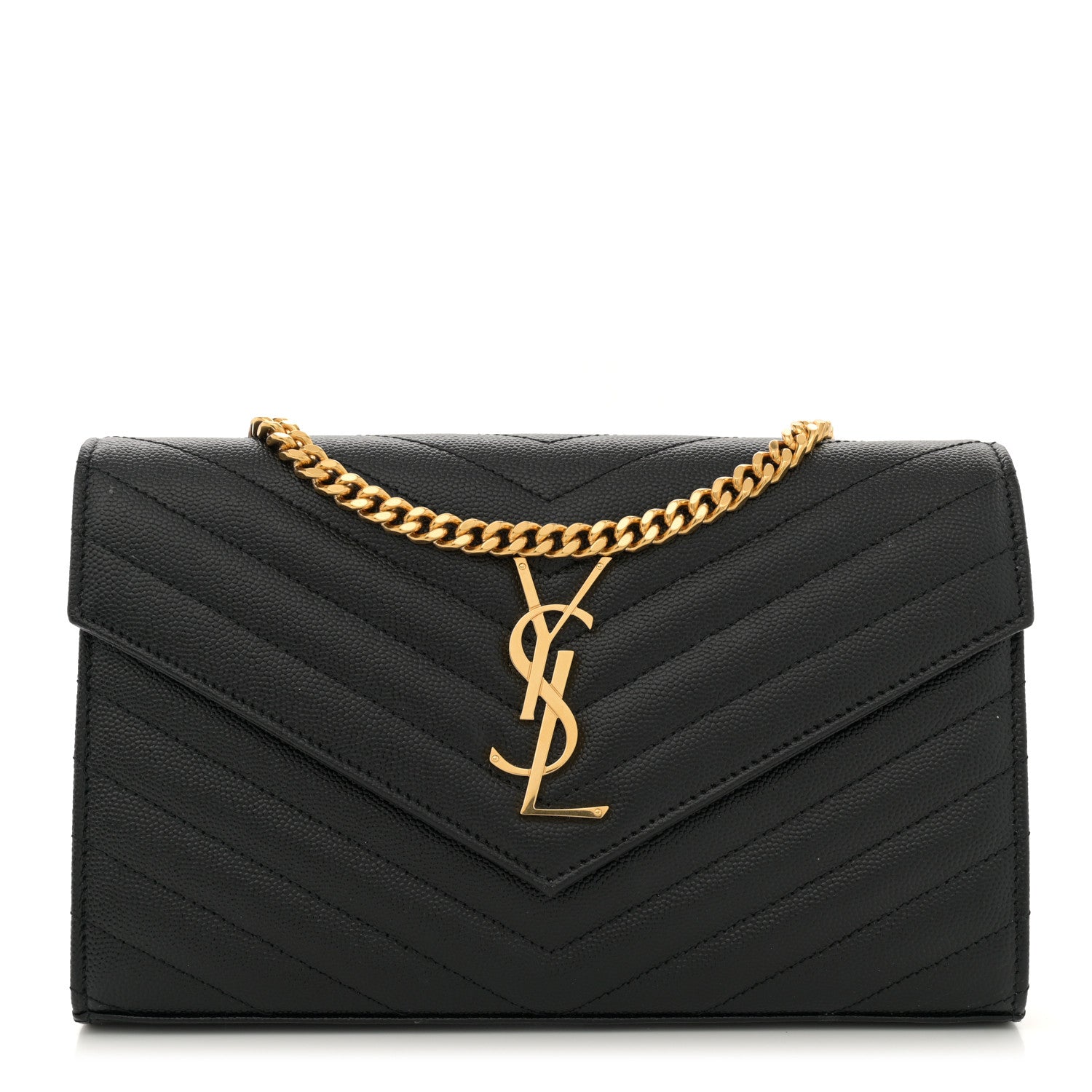 Saint Laurent Grain De Poudre Matelasse Chevron Monogram Chain Wallet Black 1 of 13