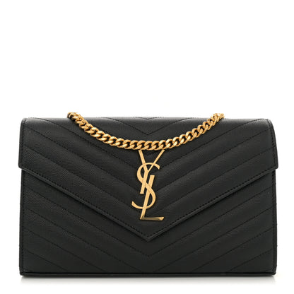 Saint Laurent Grain De Poudre Matelasse Chevron Monogram Chain Wallet Black 1 of 13