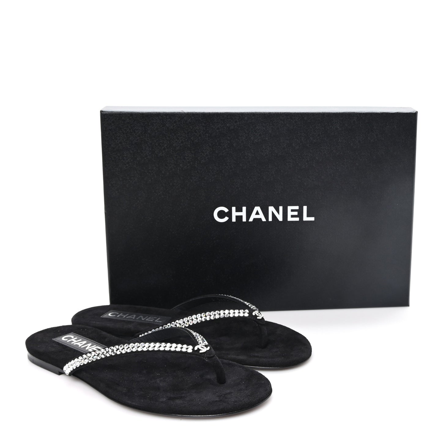 Suede Kidskin Strass CC Thong Sandals 36 Black