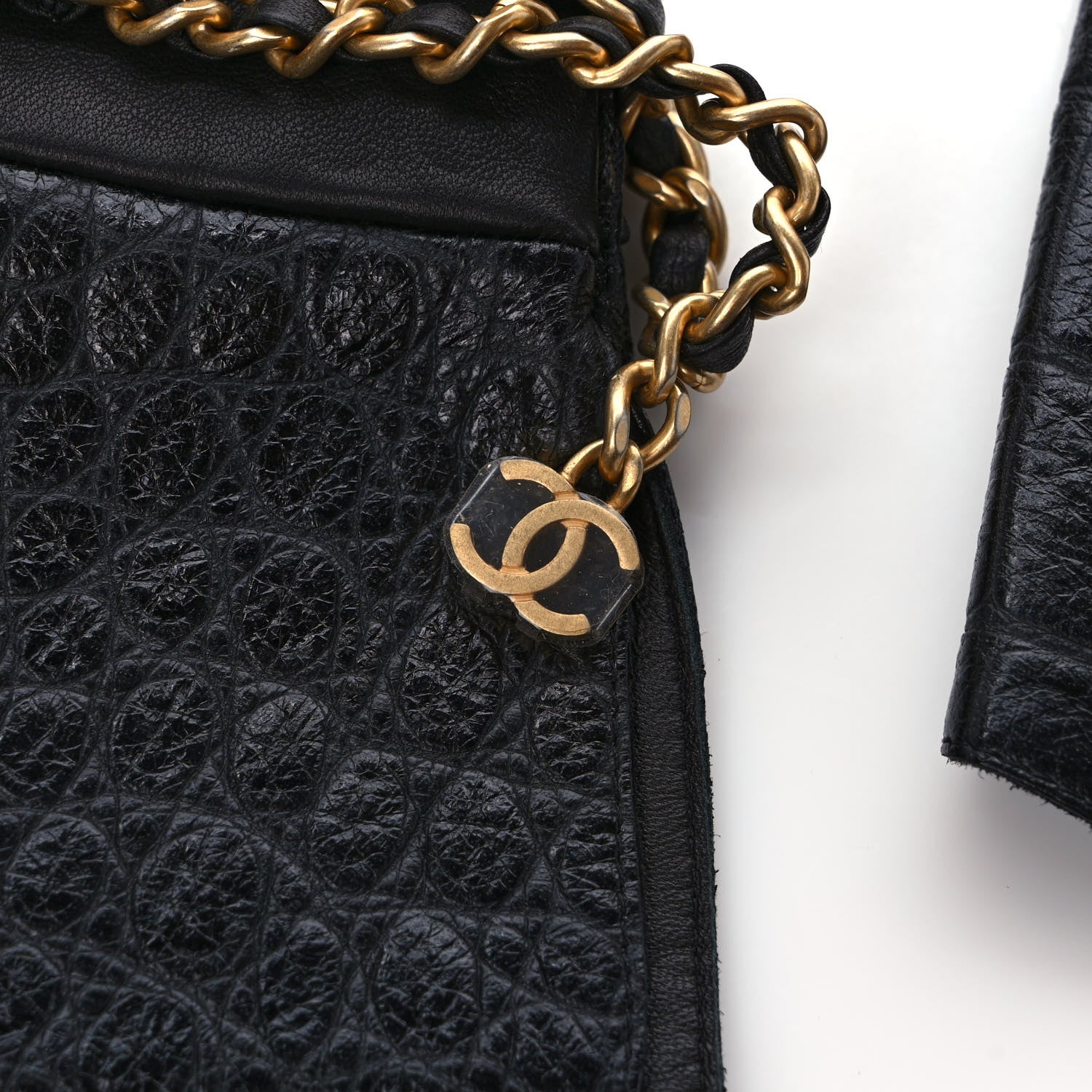 Chanel Lambskin Crocodile Embossed Chain Gloves 7.5 Black 4 of 5