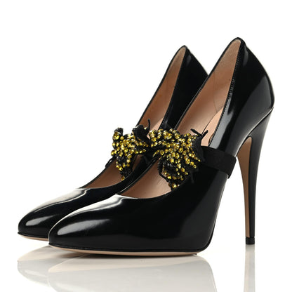 Gucci Polished Calfskin Removable Bee Elaisa Platform High Heel Pumps 37.5 Black 3 of 8
